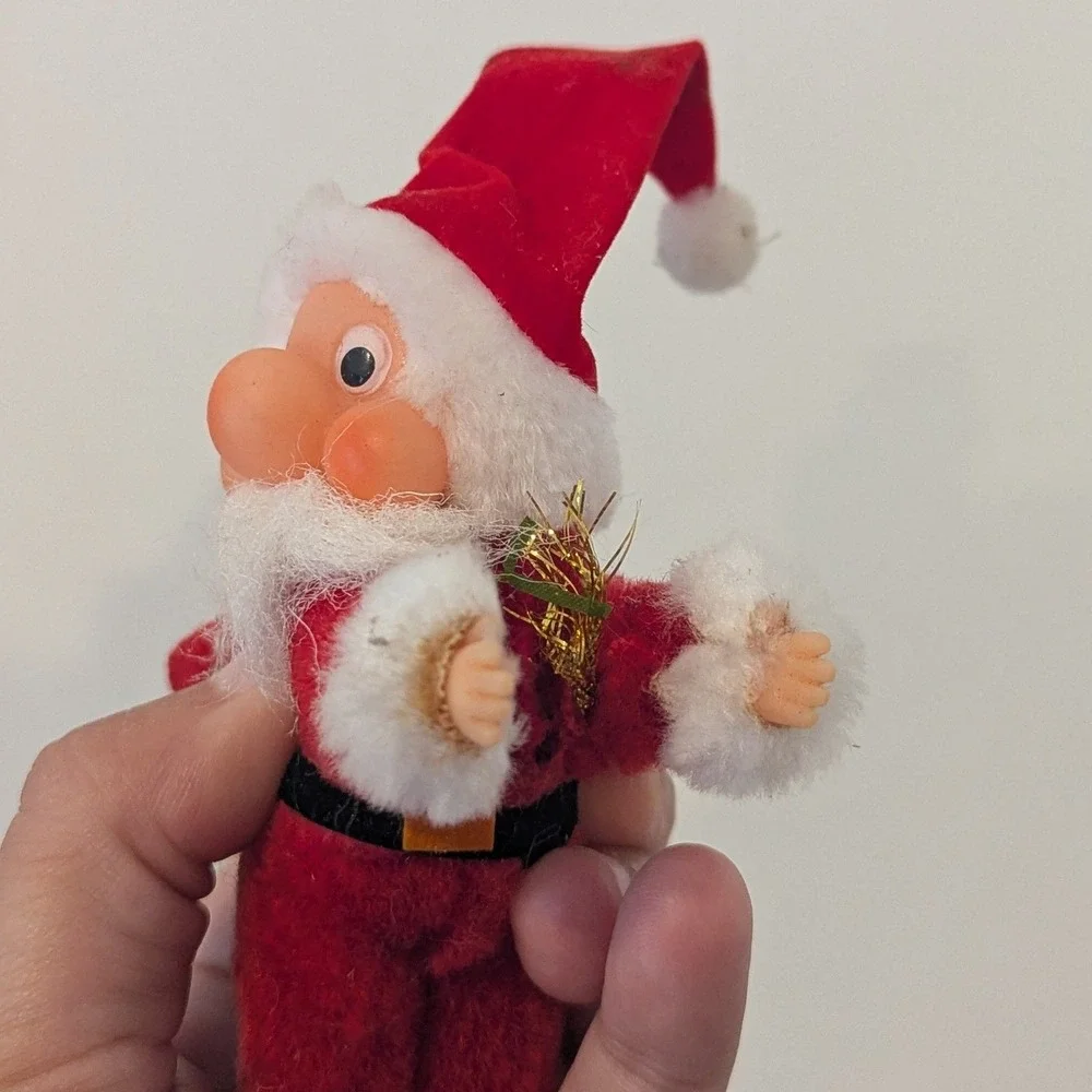VTG Santa Claus Christmas Ornament/Decor Set of 2 Flocked Rubber Face Pinch